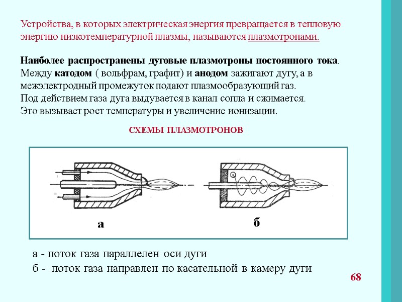 68 Устройства, в которых электрическая энергия превращается в тепловую энергию низкотемпературной плазмы, называются плазмотронами.